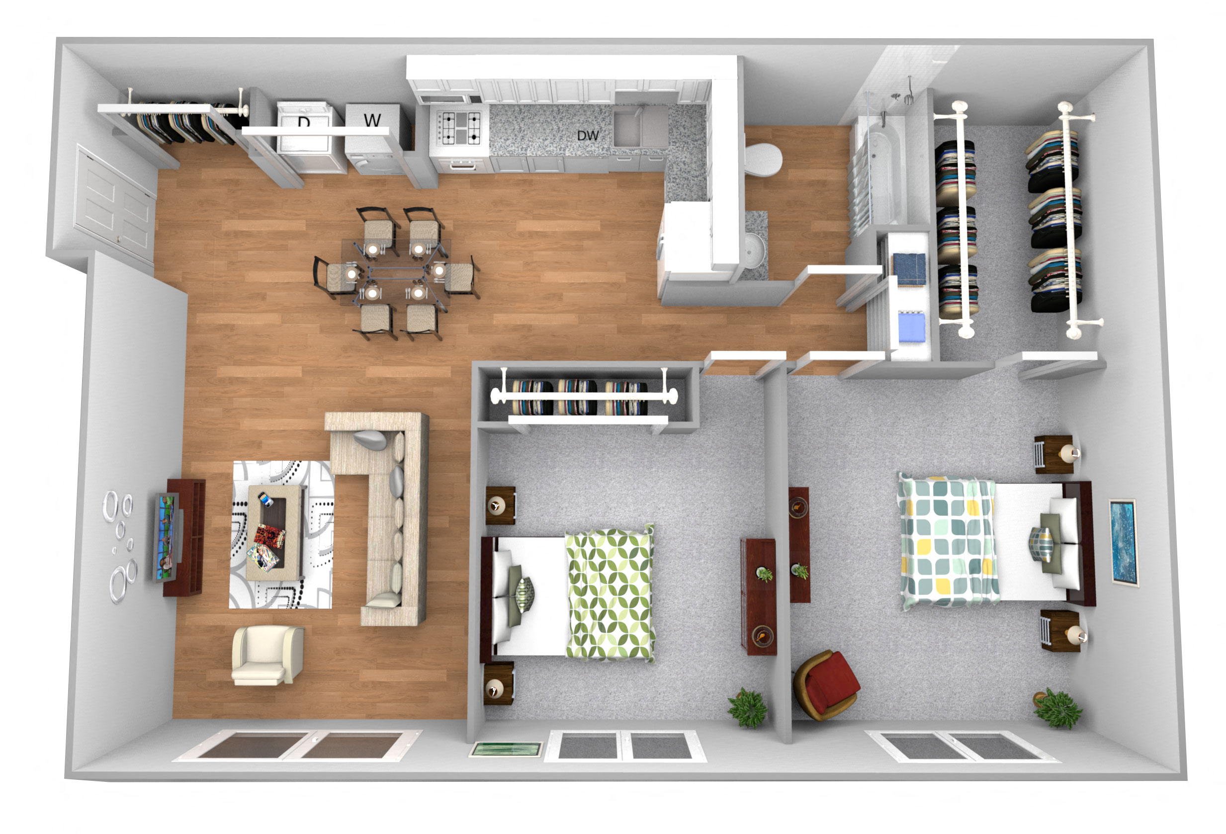 Floor plan for 2 beds, 1 bath, 864 sqft